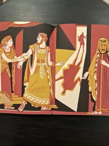 An interior page from the graphic edition of 'Oedipus the King', showing the dramatic and stylized artwork.