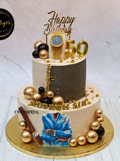 A sophisticated two-tier cake for a 50th birthday. This 5kg chocolate cake features a "boss" theme with a fondant cigar, a Rolex watch, and an edible cutout of a man in a suit.