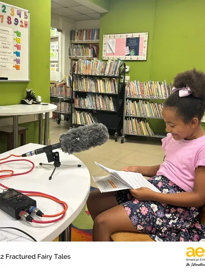 Our second graders are becoming published authors and podcast stars. Here, a student records her "Fractured Fairytale," a creative retelling of a classic story, for our school's Spotify channel.