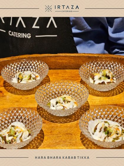 Our Hara Bhara Kebab Tikka, served as a chaat in beautiful crystal bowls. It’s a delicious and visually appealing vegetarian starter.