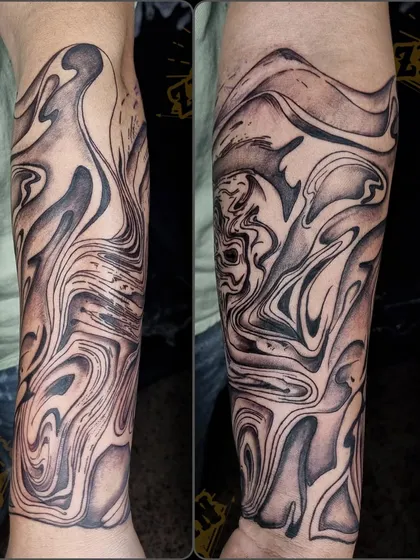 A composite image showing different angles of the abstract chaos sleeve, highlighting the flowing lines and shaded depths.