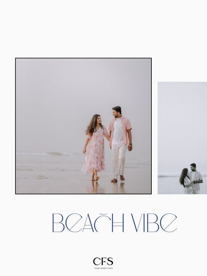 A simple and clean graphic highlighting a candid walking shot on the beach, emphasizing the relaxed "beach vibe" of the session.