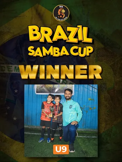 The U9 winners of our inter-academy Brazil Samba Cup 2024, posing with their coach and trophy.