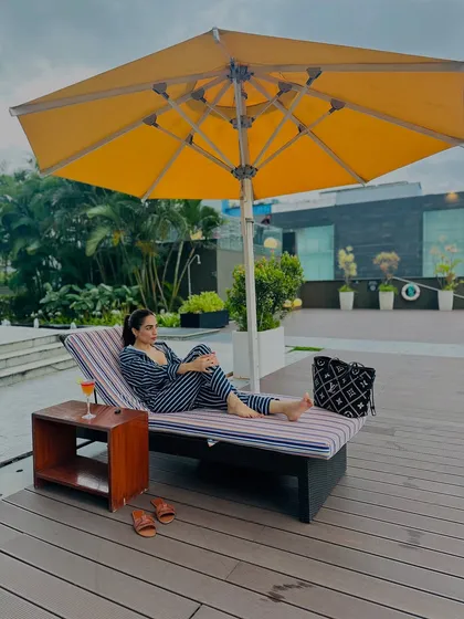 Enjoying the last moments of daylight. This outfit easily transitions from the pool to a casual dinner.