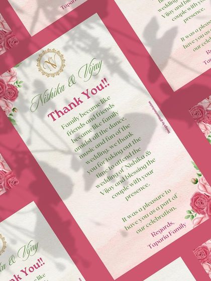 A simple and elegant thank you card. The design features a border of soft pink roses and the couple's monogram, offering a beautiful and classic way to express gratitude to friends and family after the wedding.