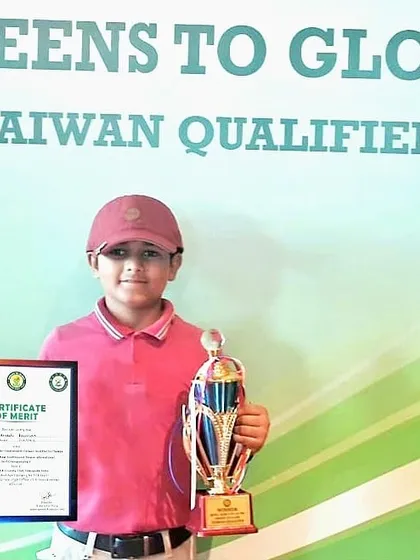 Taanush Kumar with his 1st place trophy at the Greens to Glory Junior Golf Tournament, qualifying him for the Taiwan International Golf Championship.