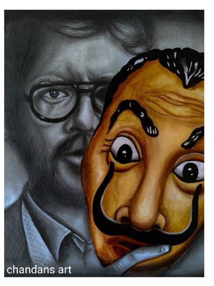 A tribute to the character 'The Professor' from Money Heist. This piece combines a graphite sketch of the character with a colored acrylic rendering of the iconic mask, showing how I can blend styles for a unique pop culture portrait.