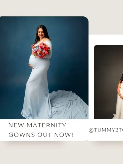 A video showcasing our new maternity gowns, including a light blue fitted dress and a white ruffled gown.