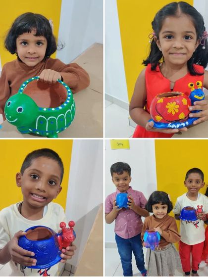 A collage of happy kids showing off the animal planters they painted. Such proud and happy faces!