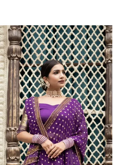 A majestic Russian Violet Paithani lehenga set. The rich purple fabric with traditional motifs is perfect for a bride who wants to embrace heritage with opulence.