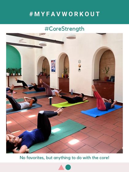 A group of us working on core exercises like the tabletop leg lift. Building a strong core is a key focus in my classes, as it supports everything from better posture to reducing back pain.