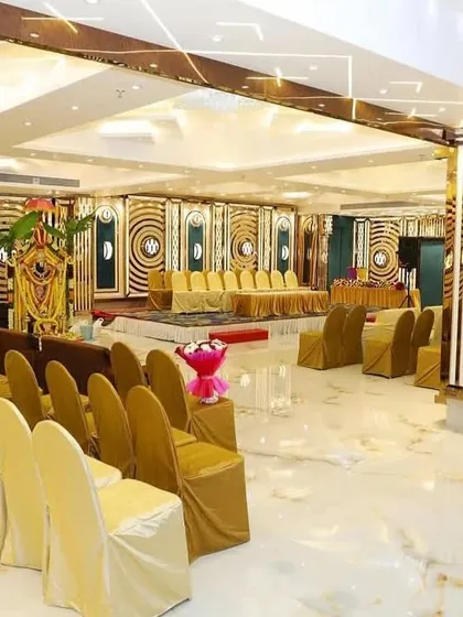 The Grand Utsav Banquet in Kharghar, showing its unique and luxurious interior design with gold and teal accents. This hall is perfect for a stylish and modern wedding.