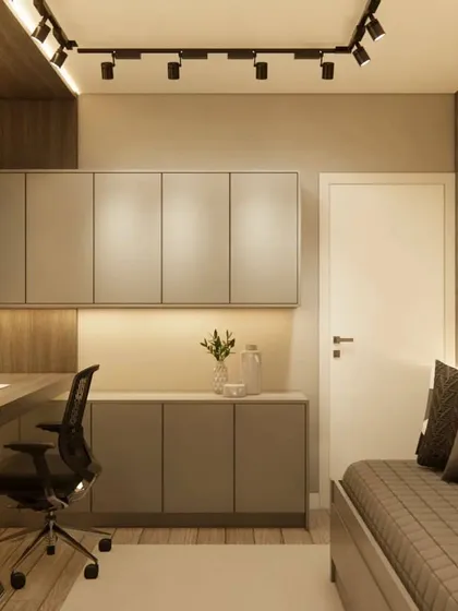 This angle highlights the extensive storage solutions, including both upper and lower cabinets.