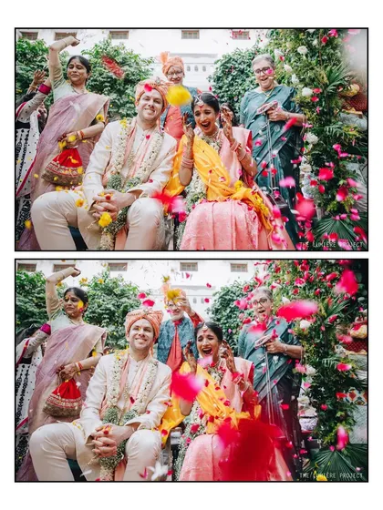 A shower of blessings and petals for the happy couple. This image captures the beautiful chaos and love as family members celebrate the union during the Haldi ceremony, a tradition filled with color and joy.