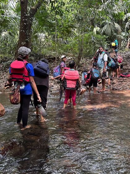 Participants wade through a stream during their trek, learning to navigate different types of natural terrain.