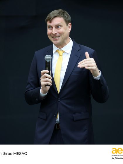 A guest speaker addresses our student-athletes at the MESAC awards. We bring in members of the community to inspire our students and celebrate their hard work and dedication.