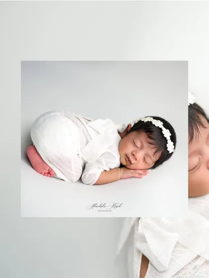 This collage shows a classic side-lying pose, perfect for capturing the profile of a newborn. The simple white outfit keeps the image clean and timeless.