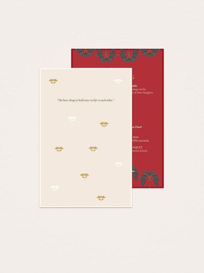 The back of the invitation card, featuring a simple quote and a pattern of minimalist 'diya' (lamp) motifs. It's a subtle and meaningful touch that adds to the story of the design.
