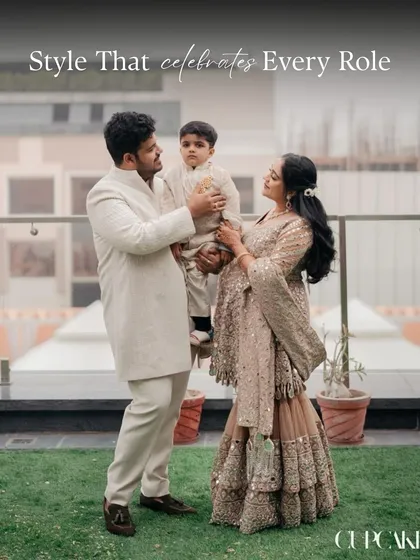 A beautiful family portrait from the Kanpur wedding. I styled the sister of the groom in a bump-friendly sharara, her husband in a coordinated off-white sherwani, and their little one in a matching outfit. This is what multigenerational styling is all about.