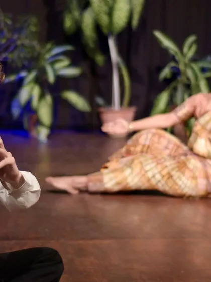 A moment from 'Les Flutes Enchantes,' an Indo-French collaboration where I danced to Debussy's 'Prelude to the Afternoon of a Faun'. This experimental work was a fascinating dialogue between Bharatanatyam and Western classical music and dance history.