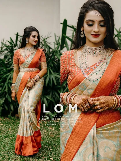 A diptych portrait of a South Indian bride in a stunning Kanjeevaram saree, showcasing both her full elegant look and a detailed close-up. We focus on capturing the intricate details of bridal attire and jewelry.