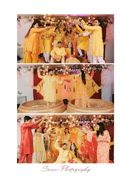 A collage capturing the lively celebrations of a Haldi ceremony, with friends and family showering the couple with love.