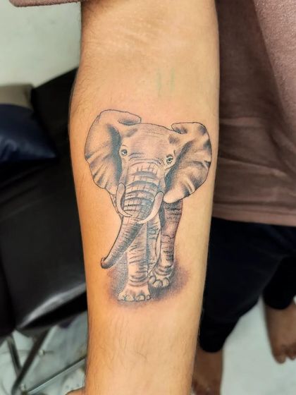 A full view of the completed realistic elephant tattoo, showcasing the fine details and smooth shading.