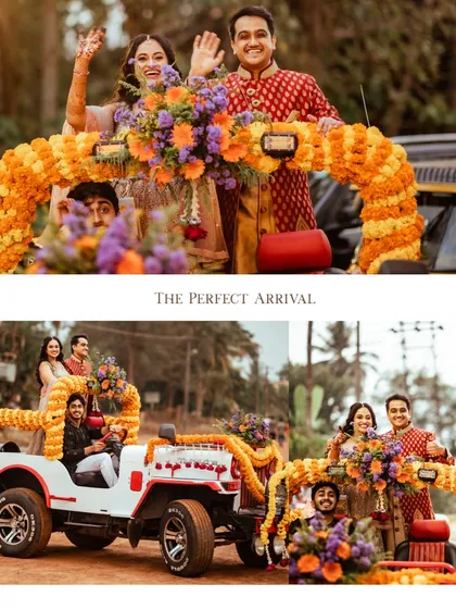 Your arrival should be an event. This shot captures the pure joy of the couple making their entrance in a beautifully decorated jeep, surrounded by vibrant flowers. It’s a perfect example of a fun, unscripted moment.