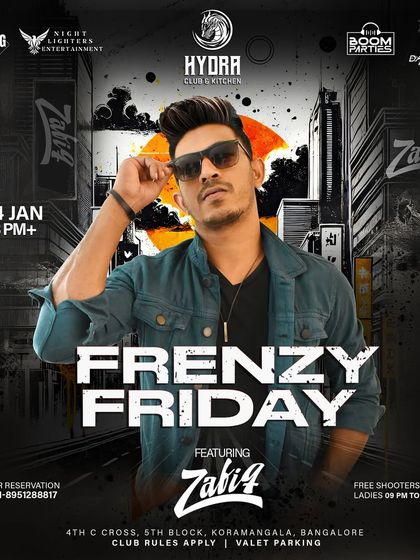 A poster for "Frenzy Friday" at Hydra, promising a night of high energy beats and signature drinks.