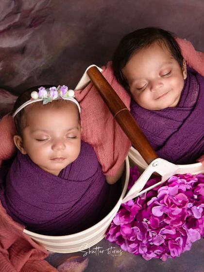 A creative twin setup using a prop to hold each baby separately but within the same frame, tied together with a cohesive purple color scheme.