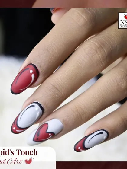 For a bold and graphic Valentine's look, I created this pop-art-inspired design. The matte red and white nails with black outlines give a 2D cartoon effect that’s incredibly unique and eye-catching.