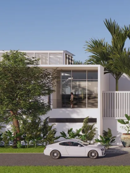 This is a 3D render for a modern farmhouse, designed to exist in harmony with its natural surroundings. The clean lines, large glass windows, and integration of trees showcase a home that breathes with the landscape.