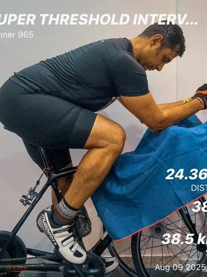 A super threshold interval session on the bike. This kind of high-intensity workout is crucial for building speed and power for the cycling leg of a triathlon.