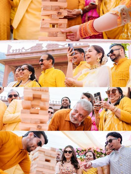 A collage of guests enjoying a giant Jenga game, capturing the fun and competitive spirit of the celebration.