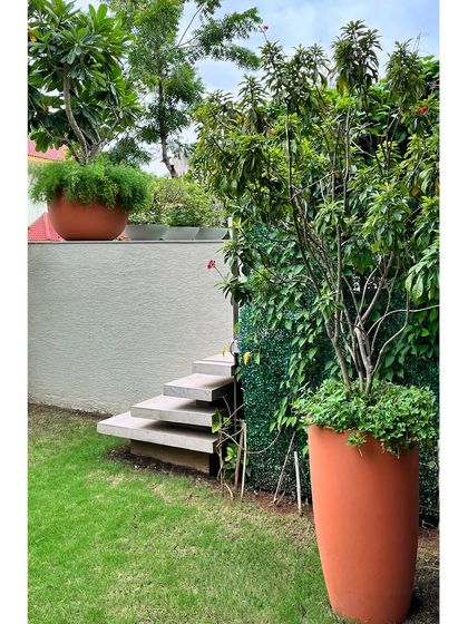 Floating steps lead from the ground-level garden up to a higher terrace. The use of terracotta-colored pots adds a warm, earthy tone that complements the abundant greenery.