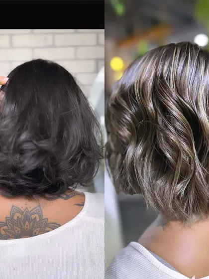 This before-and-after shows a chic transformation on shorter hair. We gave this client a fresh bob haircut and added subtle ash highlights for a sophisticated and modern look that’s easy to maintain.