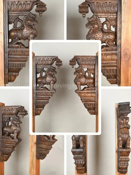 A collage showcasing our 24-inch wooden Lion Yali brackets from multiple angles. This gives a comprehensive view of the carving's details, from the front, side, and close-up perspectives.
