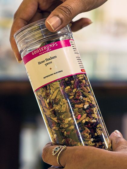 A closer look at the Rose Badam Mukhwas, a refreshing blend I make in small batches. It's a rich source of natural nutrients and antioxidants that help improve stomach health after a meal.