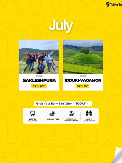 Here's the calendar for my upcoming July females-only trips to Sakleshpura and Idukki-Vagamon. All trips come with verified transport, hygienic food, and a guaranteed safe and fun time.