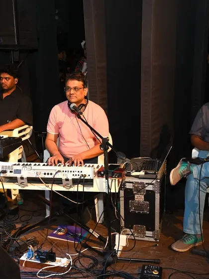 Our keyboardists and flutist, essential members of our musical family, during the Sakhya 2025 showcase.
