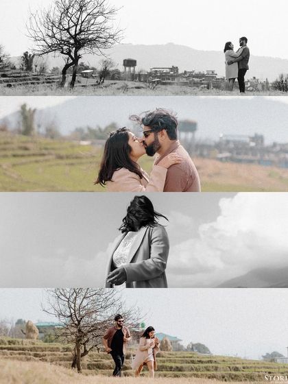 A multi-panel collage showing various moments from the Bir Billing shoot, including romantic kisses, candid movements, and black and white shots.