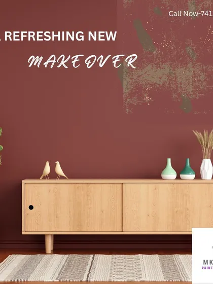 This graphic illustrates the concept of a refreshing makeover. We take tired walls and apply a new colour and finish to completely change the feel of a room, as shown by the transition from a damaged surface to a smooth, terracotta-coloured wall.