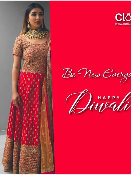 A festive Diwali greeting from our brand, featuring a model in a stunning red and gold brocade lehenga. We have outfits for every festival and celebration.