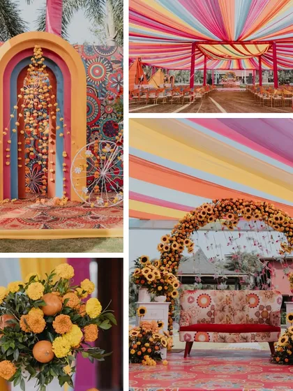 A collage of our marigold-themed Haldi decor, showing the entrance, seating, and photo arch.