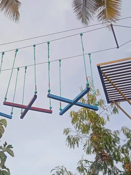 This unique part of the high rope course requires students to think about their footwork as they move from one platform to the next. It's a fantastic confidence booster once they complete it.