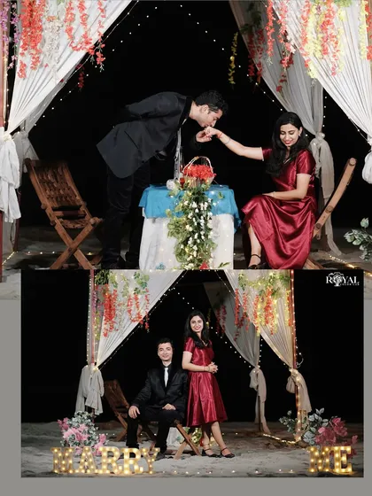 A two-panel collage of a romantic proposal setup on the beach at night, complete with a decorated canopy and 'MARRY ME' lights.