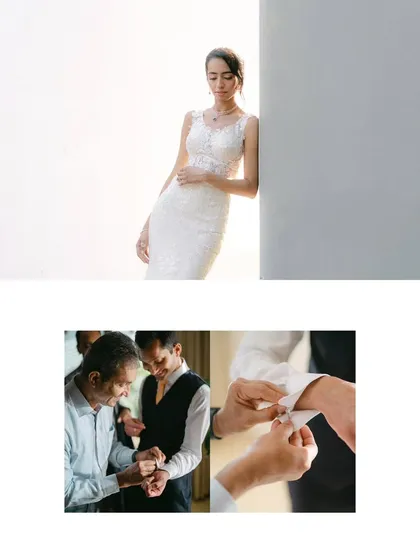 A collage showing the bride in a quiet moment and the groom getting help with his cufflinks from his father. It captures the parallel moments of anticipation before they meet at the altar.