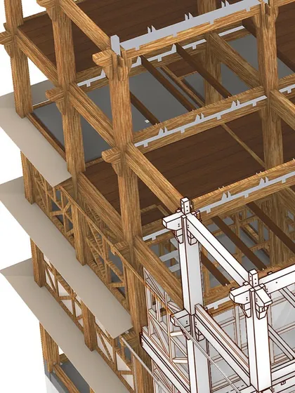 A detailed 3D visualization of the multi-story timber framework. This render highlights the structural grid and the interaction between the timber columns and floor beams.