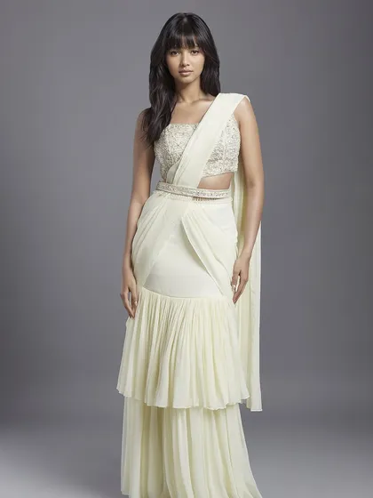 A beautiful ivory sharara-saree with a tiered skirt, a graceful and elegant option for a daytime event.