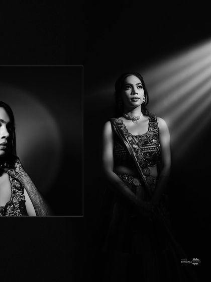 A dramatic black and white collage. The use of a single light source creates a high-contrast, cinematic look that is both modern and timeless.